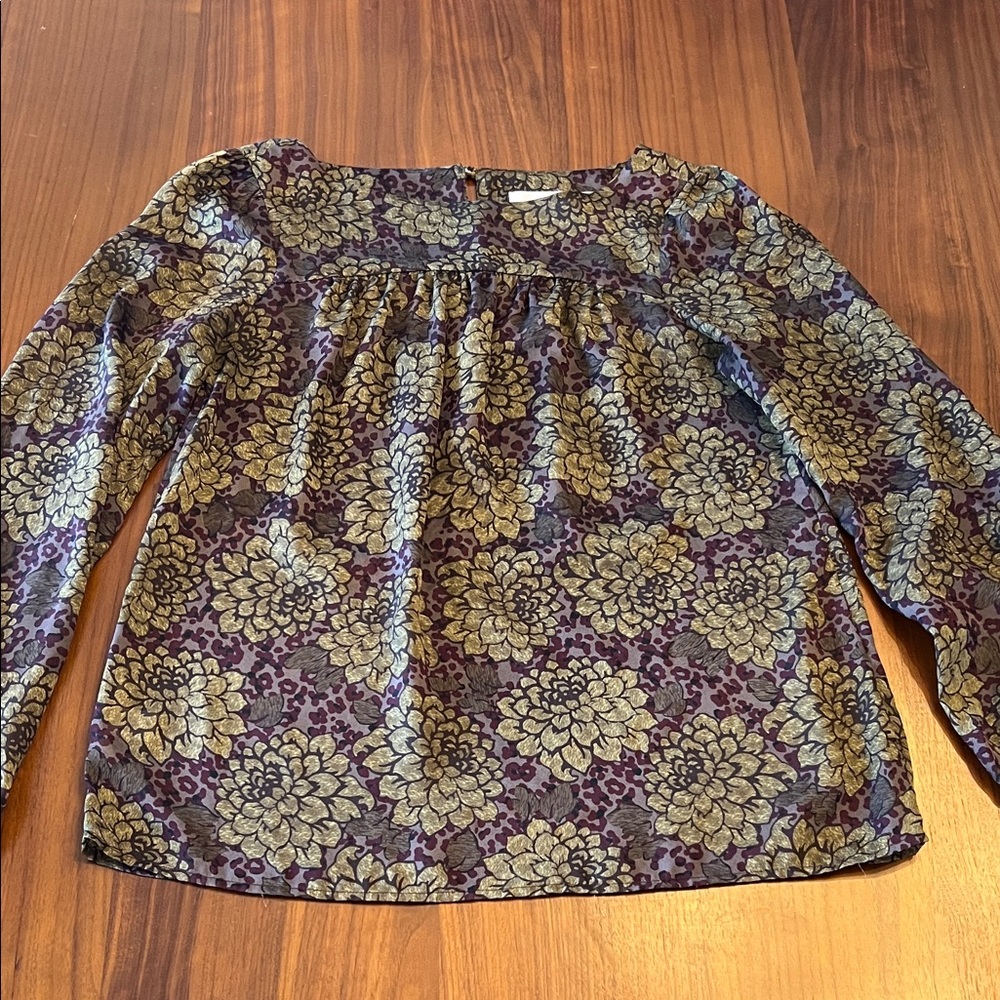 LOFT Purple and Green Semi Sheer Floral Women’s Blouse Top Size XS